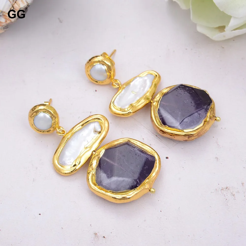 

GG Jewelry Freshwater Natural White Biwa Keshi Pearl Amethysts Nugget Gold Color Plated Earrings Classic For Women