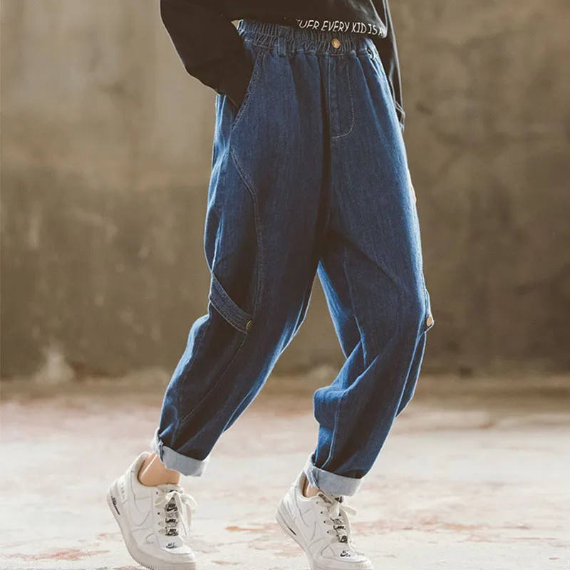 

Autumn 2021 Blue Jeans Harm Pants Baby Big Girls Mid Waist Loose Denim Trousers Clothing Kids Casual Sport Pant Children Bottoms