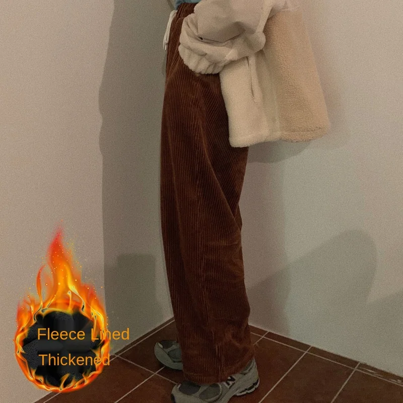 Женские брюки зимние однотонные вельветовые плотные повседневные широкие в