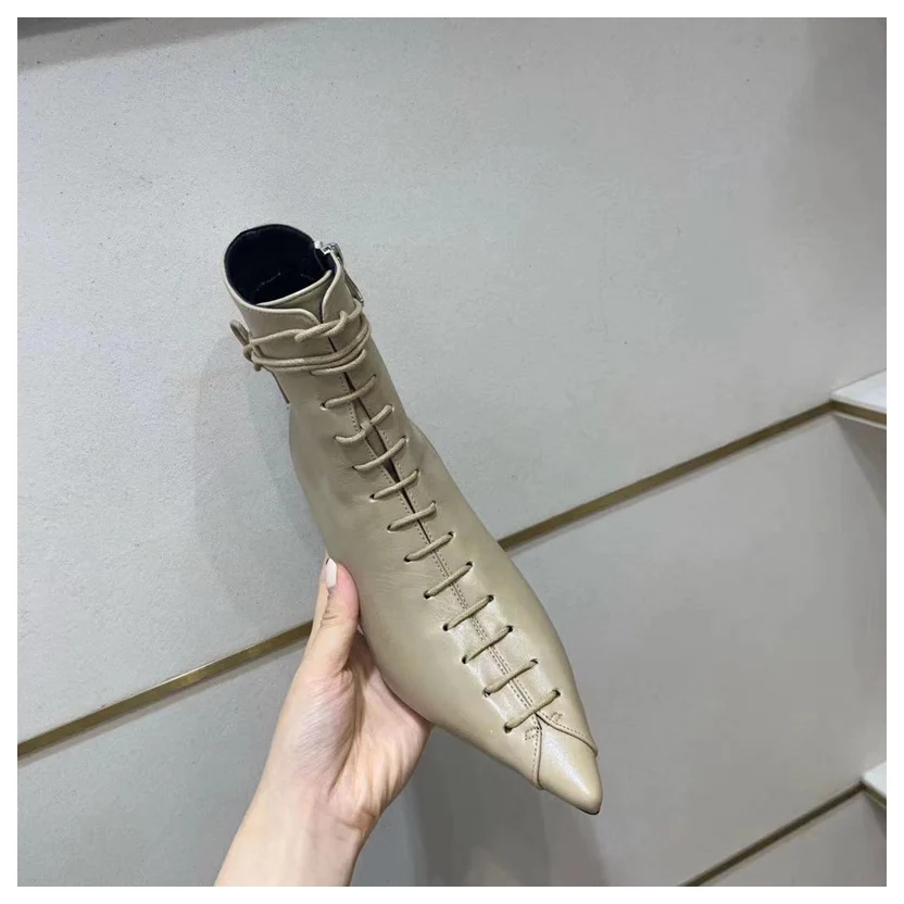 lace khaki Элегантные ботильоны; женские полусапожки на тонком каблуке с острым носком; женская повседневная обувь на шнуровке; женские брендовые ботинки; ботинки «Челси» на молнии - Цвет: lace khaki