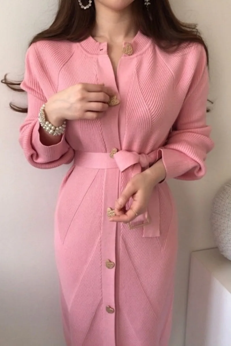 

Korean autumn gentle temperament round neck love button lace puff sleeve long knitted dress women white dress