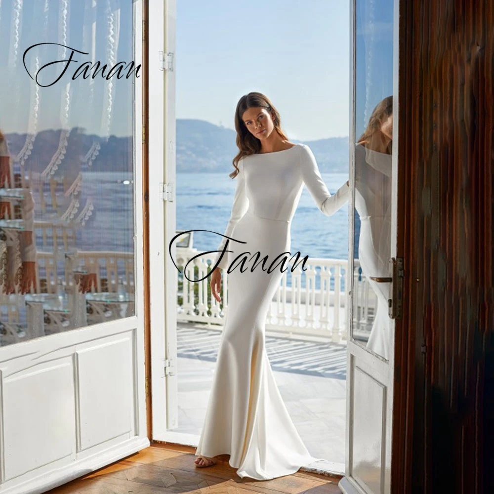 

Boat Neck Simple Long Sleeve Wedding Dresses Backless Beading Mermaid Floor Length Bridal Gown robe de soirée de mariage платье