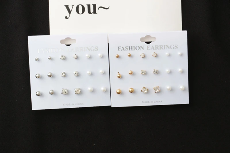 

New rhinestone round pearl earrings 9 piece set simple personality fashion gold alloy earrings