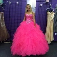 hot pink sweet 16 year quinceanera dresses ball gown puffy ruffles tiered luxury crystal top sexy backless corset dress for girl