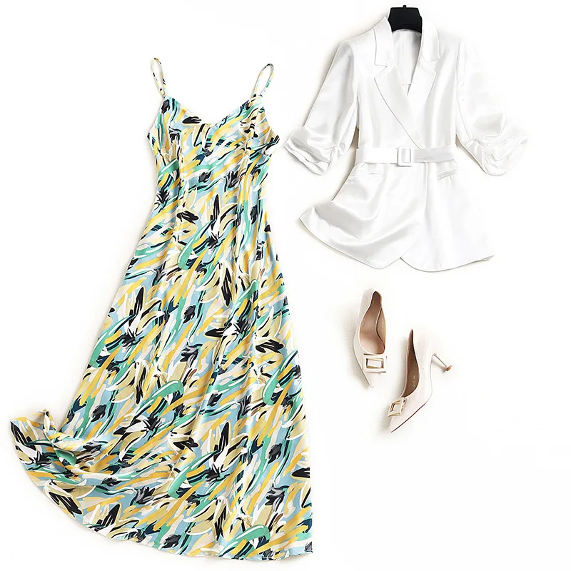 

2021 Summer Fashion Office Wear Texture Acetic Acid White Blazer And Geometric Printing Suspender Chiffon Dress Suit Women Set