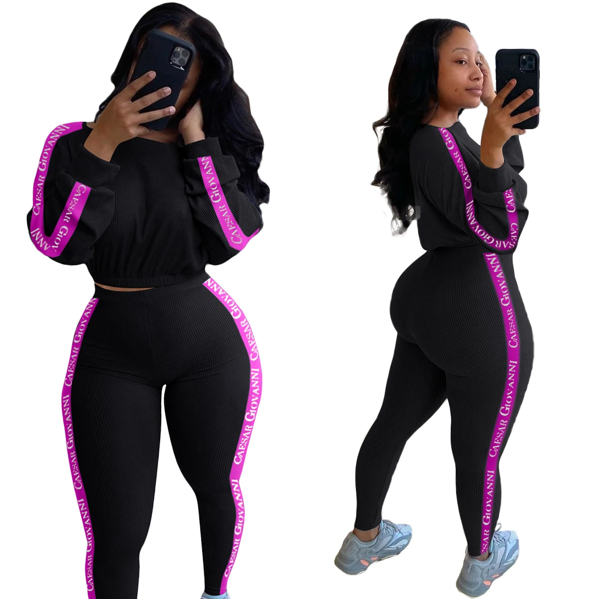 

2 Piece Set Women Crop Top Leggings Casual Sweet Knitted High Stretch Bodycon Jogger Outfit Wholesale Dropshipping