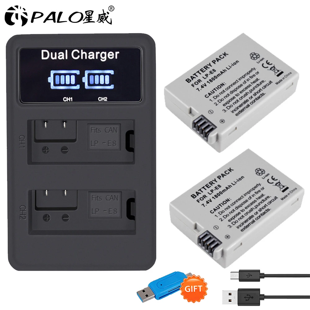 PALO 2 шт. LP-E8 LP E8 LPE8 1800 мАч камера Батарея+ светодиодный двойной Зарядное устройство для цифровой однообъективной зеркальной камеры Canon EOS 550D 600D 650D 700D Rebel T2i T3i T4i T5i