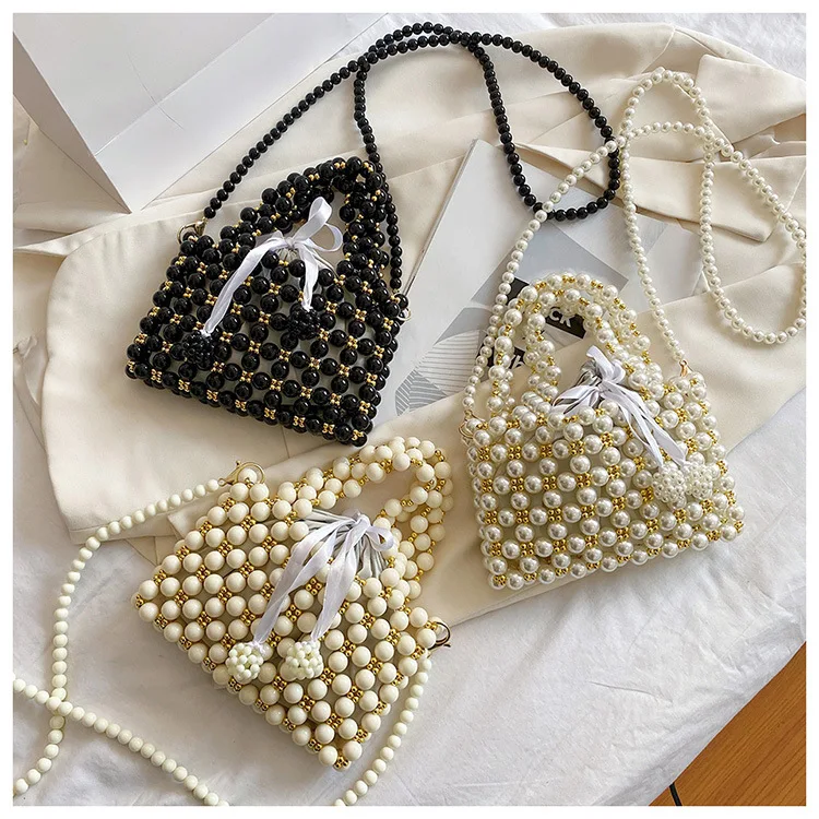 

Brands Beading Crossbody Bags for Women 2021 Luxury Hollow Pearls Women's Handbag Woven Beads Shoulder Bag Evening Party Purse