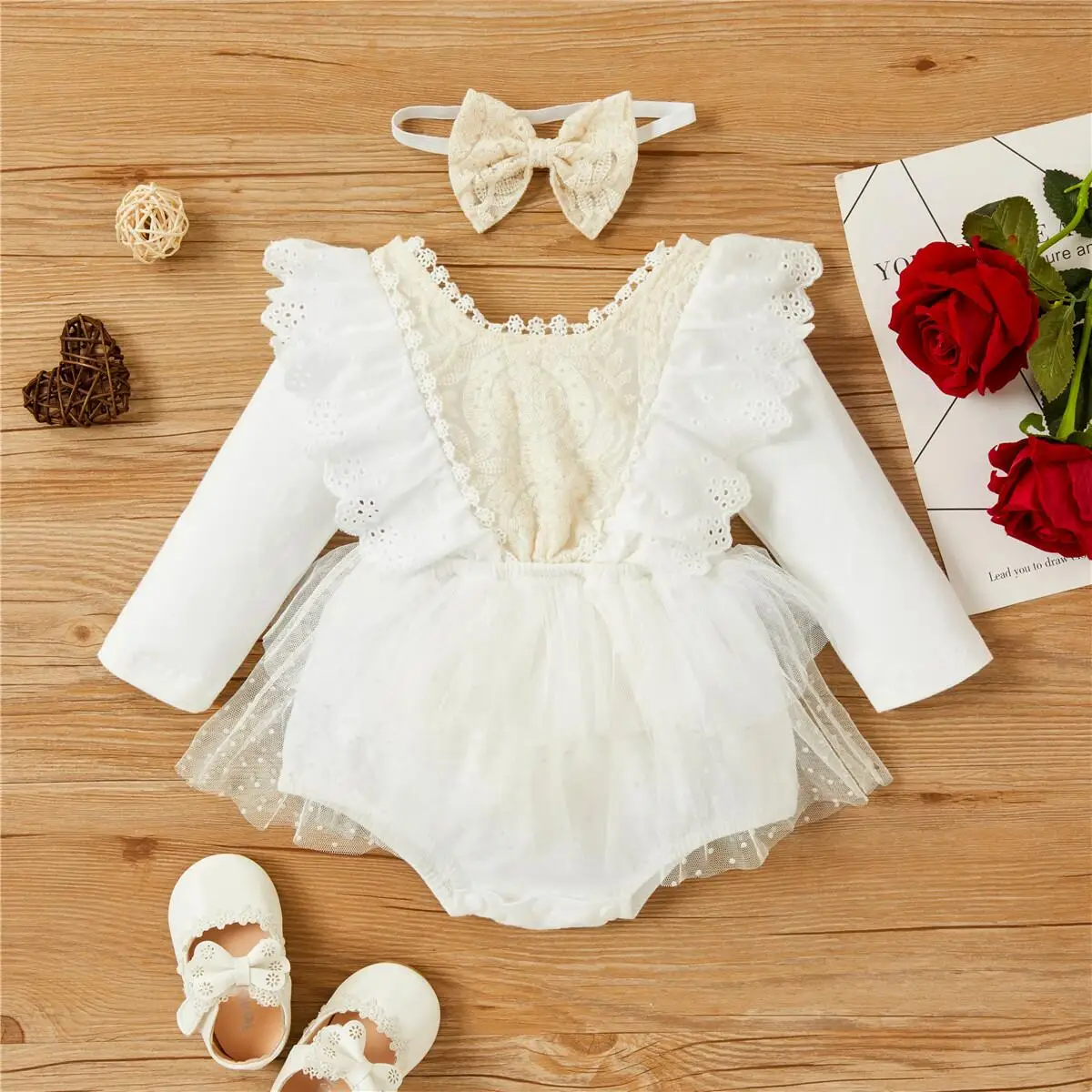 0-18M Newborn Kid Baby Girl Clothes Ruffle Lace V-neck Romper Tutu Dress Long Sleeve Jumpsuit + Headband Princess Party Outfits