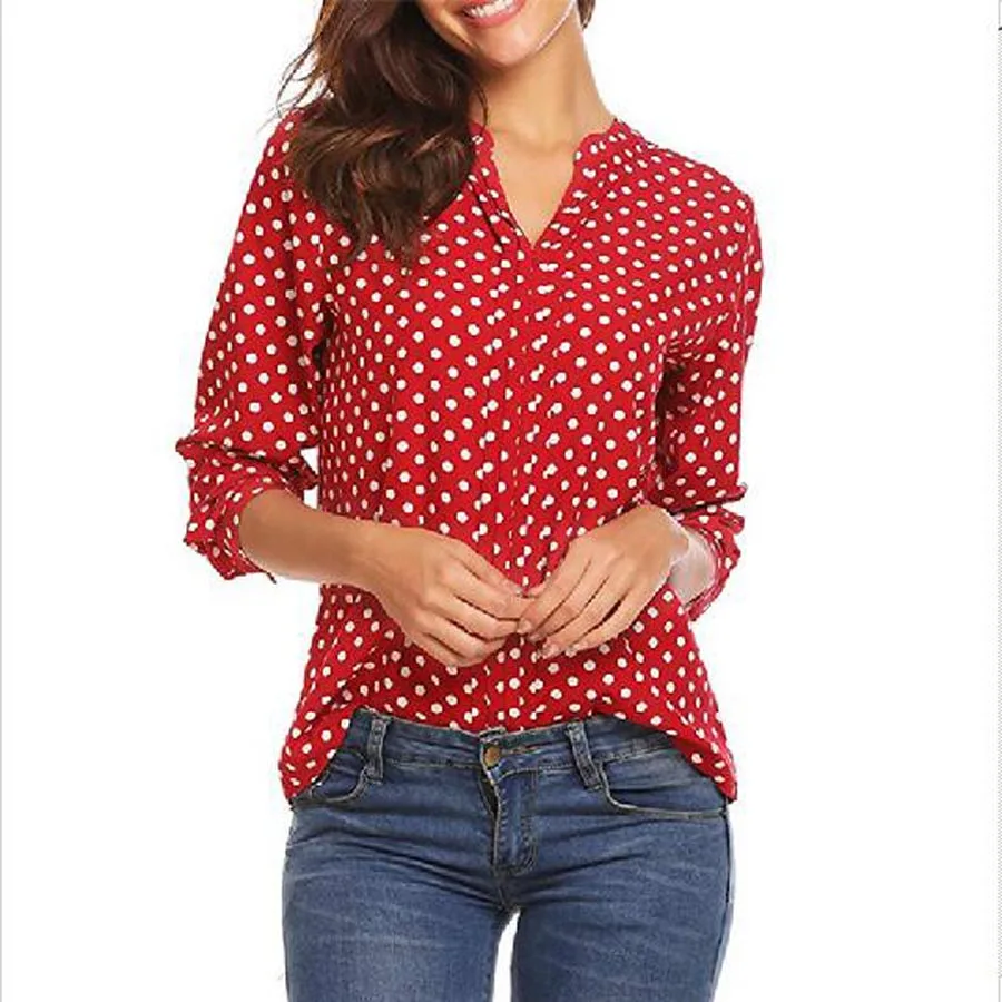 

DIOROBBEN Shirts Blouses Women Fashion Casual Tops sexy V-Neck little polka dot printed Loose Long Sleeve Women shirt plus size