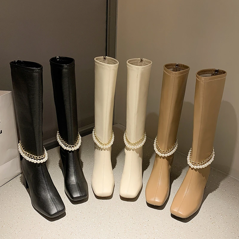 

Женские высокие сапоги, с квадратным носком, с жемчужной цепочкой, размеры 43, Осень-зима, 2022