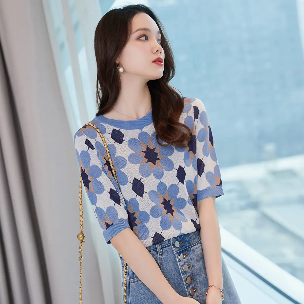 

2021 spring new fashion versatile jacquard short sleeve t-shirt t-shirt