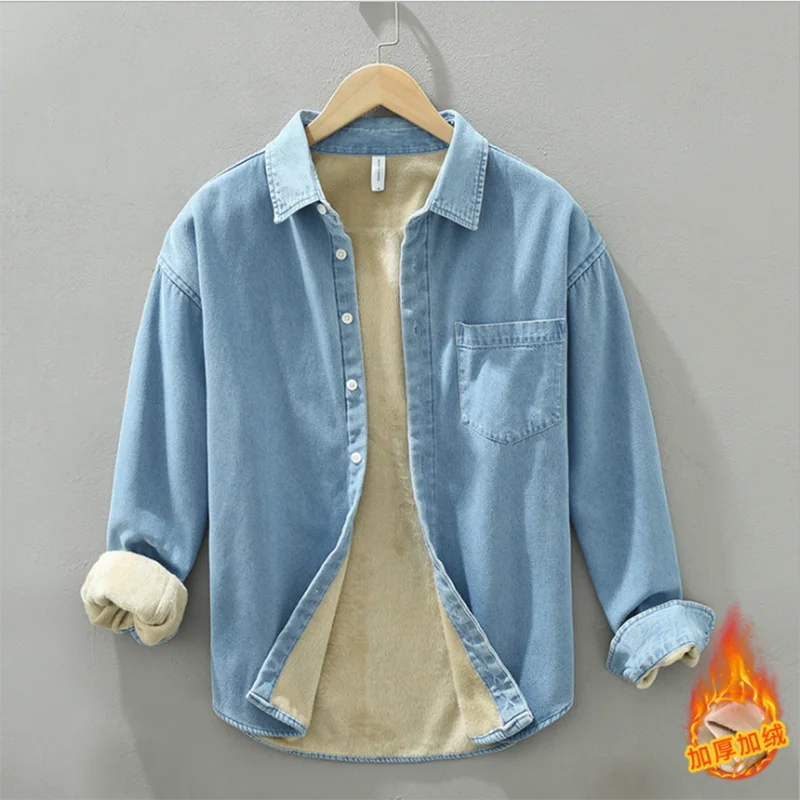 

Men Denim Shirt Classic Design Style Cowboy Liner Velvet Warm Autumn Winter Jean Cotton Thicken Jacket Coat