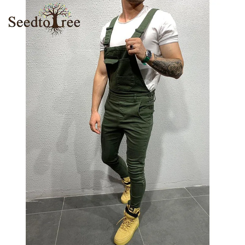 

Men's Suspenders Jeans Slim Casual Pants Men's Overalls Solid Color Jeans Men