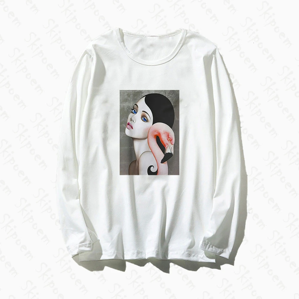 Женская Классическая футболка с фламинго винтажная хлопковая длинным рукавом