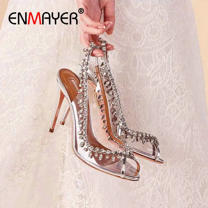 

Элегантные свадебные туфли ENMAYER на тонком каблуке с открытым носком, роскошные женские туфли-лодочки без шнуровки из ПВХ