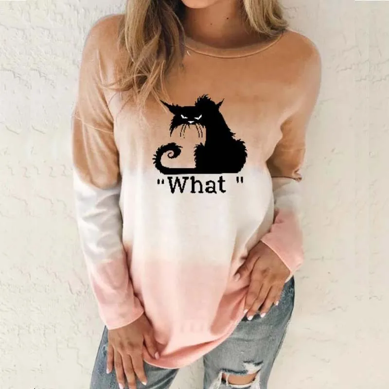 

S-5XL New T Shirt Women Round Neck Printed Moggy Pullover Long Sleeve T Shirt Plus Size Casual Loose Print Spring and Autumn Top