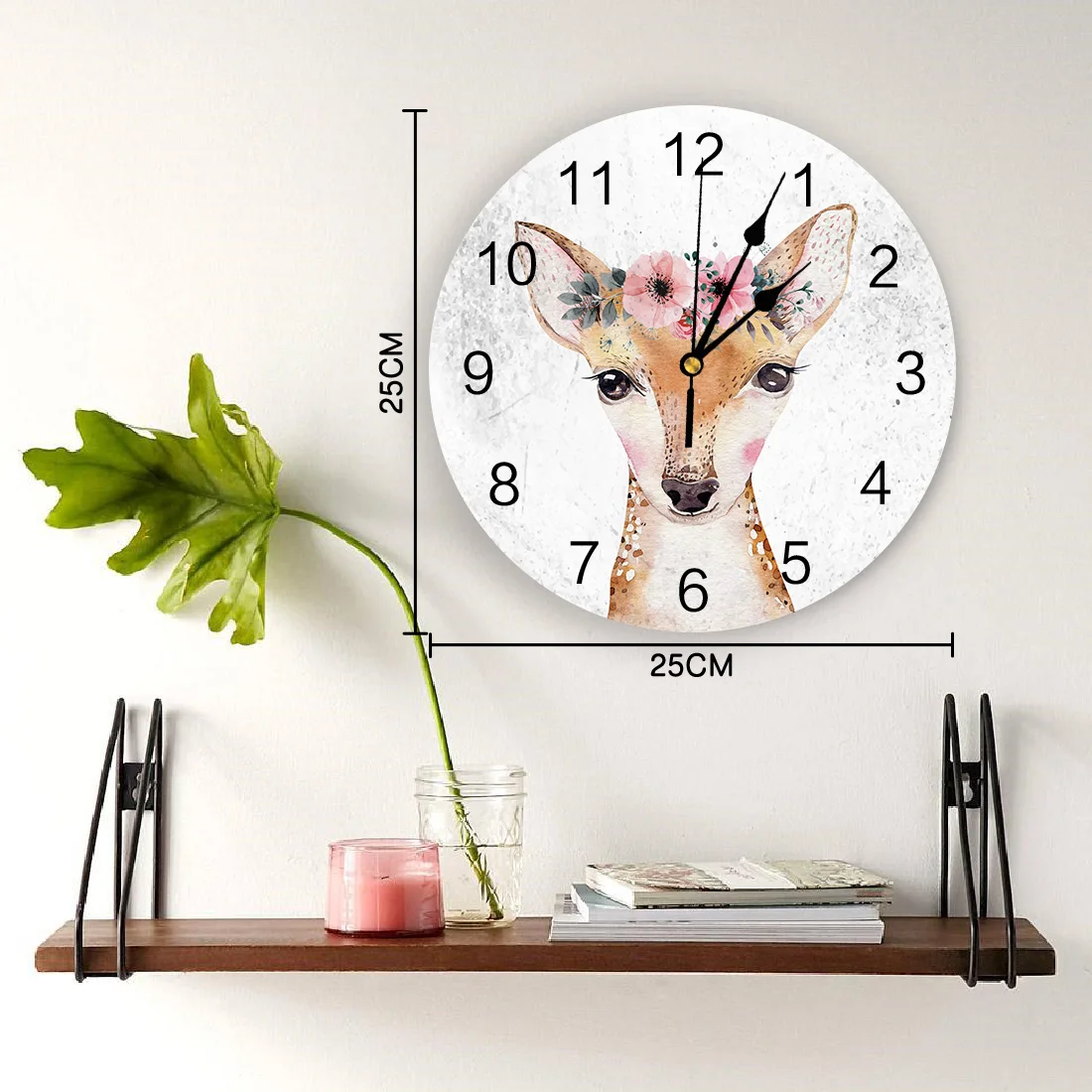 Милые настенные часы с изображением оленя акварелью и цветами из ПВХ для