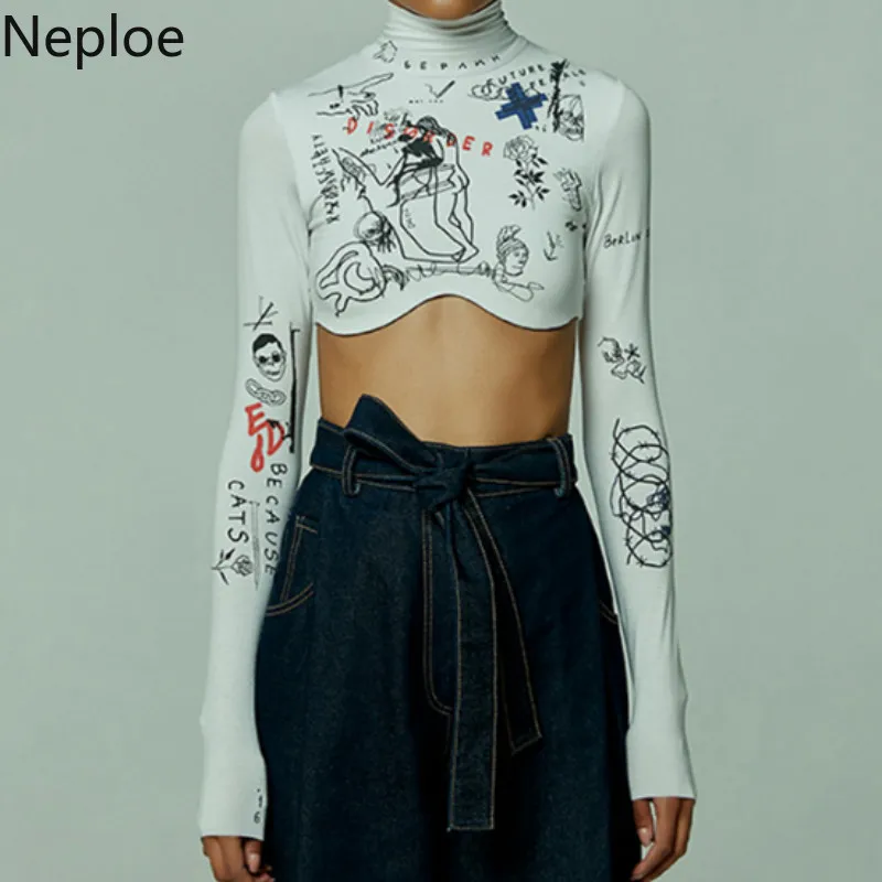 Neploe высокая горловина принт длинный рукав блузка для женщин сексапильная