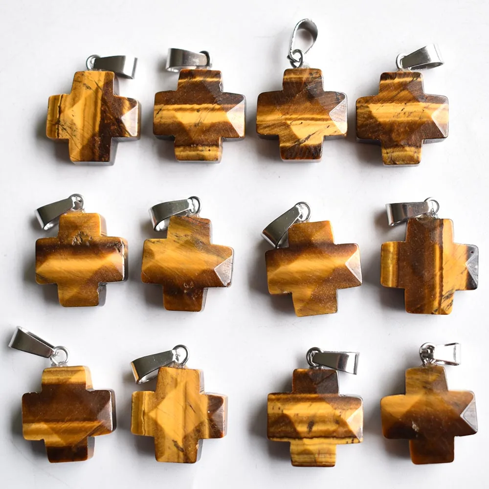 Модное качественное природное кварцевое каменное подвески тигрового глаза с резьбой в виде креста, подходит для создания ожерелий из ювелирных изделий, 12 штук.