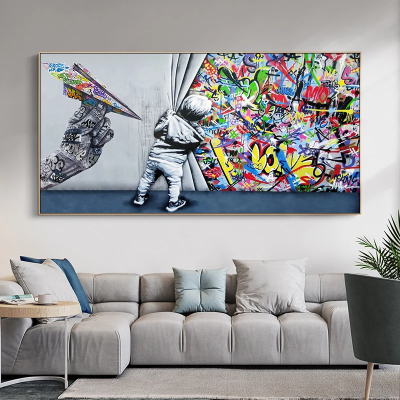 

Kids Behind the Curtain Canvas Painting Street Graffiti Art Posters and Prints Wall Pictures for Living Room Cuadros Decoration
