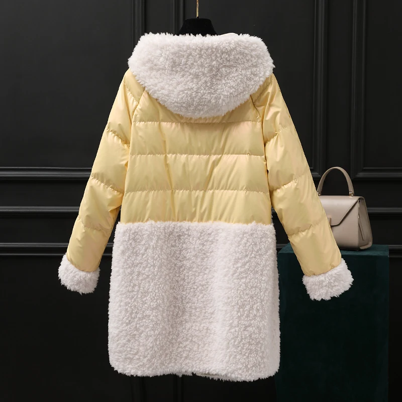 Real Fur Coat Female Winter Sheep White Duck Down Jacket Women Korean Long Shearing Coats Vintage Wool Tops 6830 | Женская одежда
