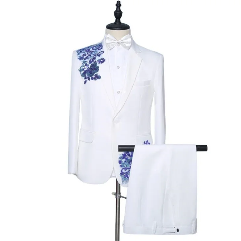 

White suit men's terno trajes de hombre fashion костюмы applique youth sequin embroidered chorus dress singer host costume