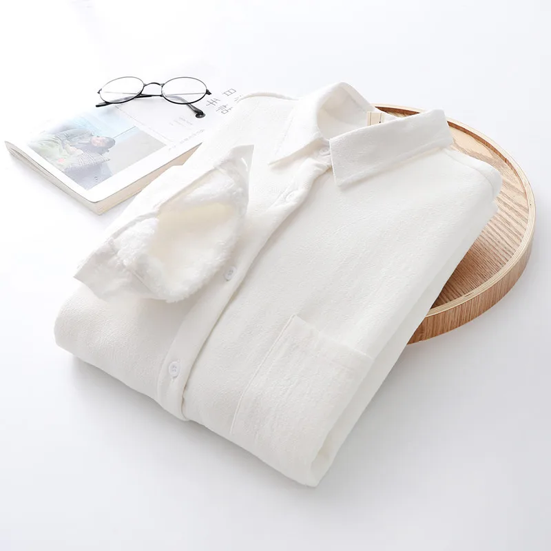 

Velvet Shirt Women's Long-Sleeved 2020 New Style for Autumn and Winter Cotton Lapel Pure Color Thickened Bottoming Shirt Warm
