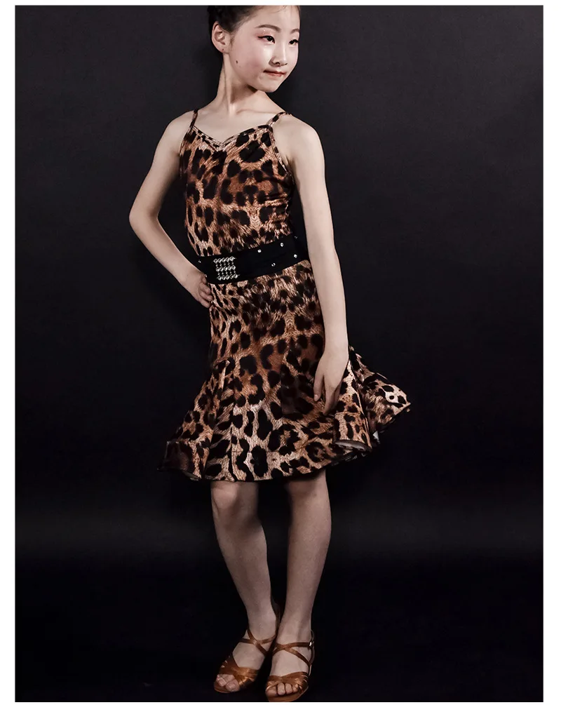 

New Children Leoprad Print Latin Dance Dress Girls Spaghetti Strap Latin Dance Dress with Belt Latin Ballroom Dance Costumes