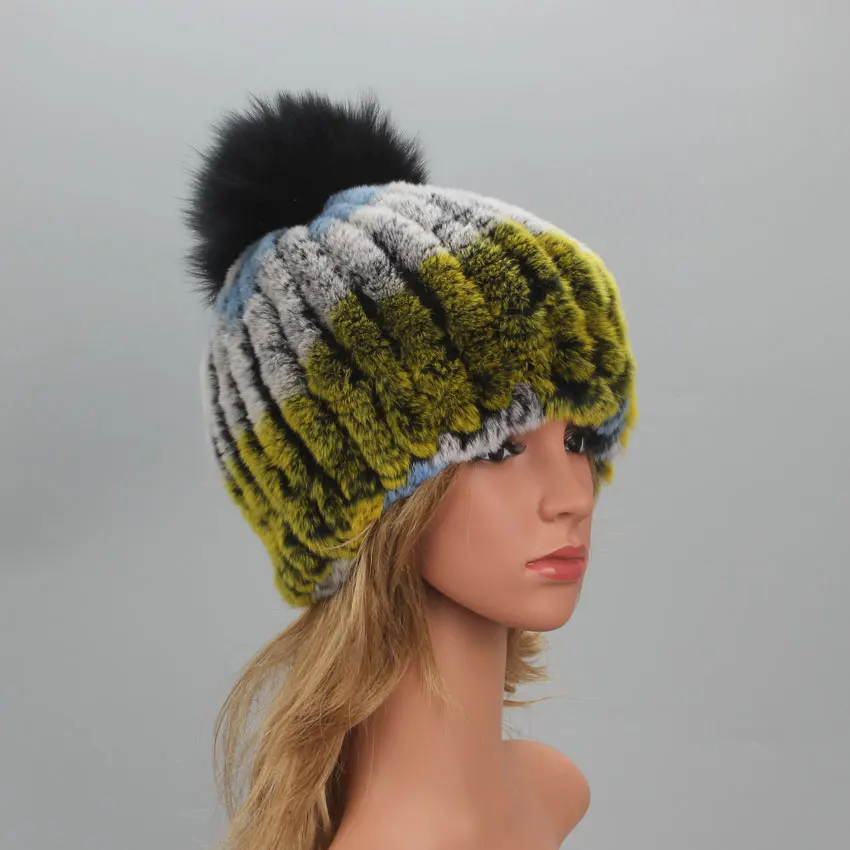 

Winter Hats for Women Elastic Knitted Real Rex Rabbit Fur Hat Beanies with Fox Fur Pompom Genuine Fur Hat Wholesale Bonnets