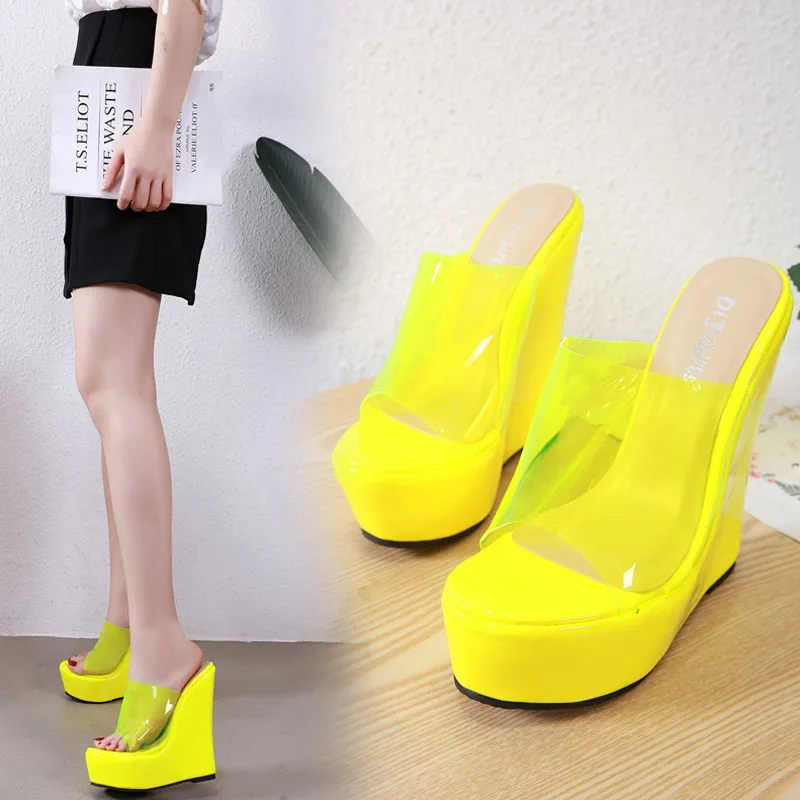 

Hot Sale Womens PVC Clear Transparent Wedge Super High 6.3" Heel Slipper Sandals Platform Shoes Slides Plus Size New 2021