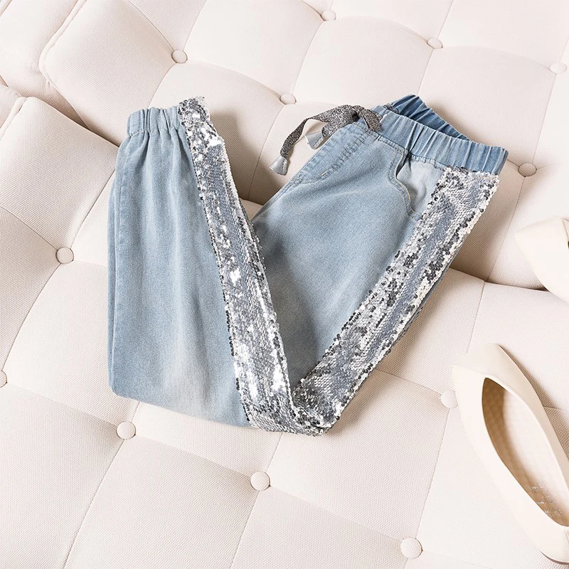 

Plus Size Side Sequins Ankle Length Jogger Jeans 3Xl 4Xl Spring Summer Chi Lady Light Blue Elastic Waist Capris Jean Denim Pants