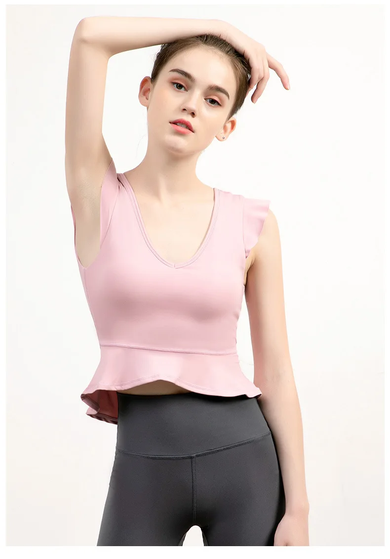 Yoga Vest Ruffled Blouse with Chest Pad Summer Fashion Thin and Quick-drying Sports Vest Nude Feeling