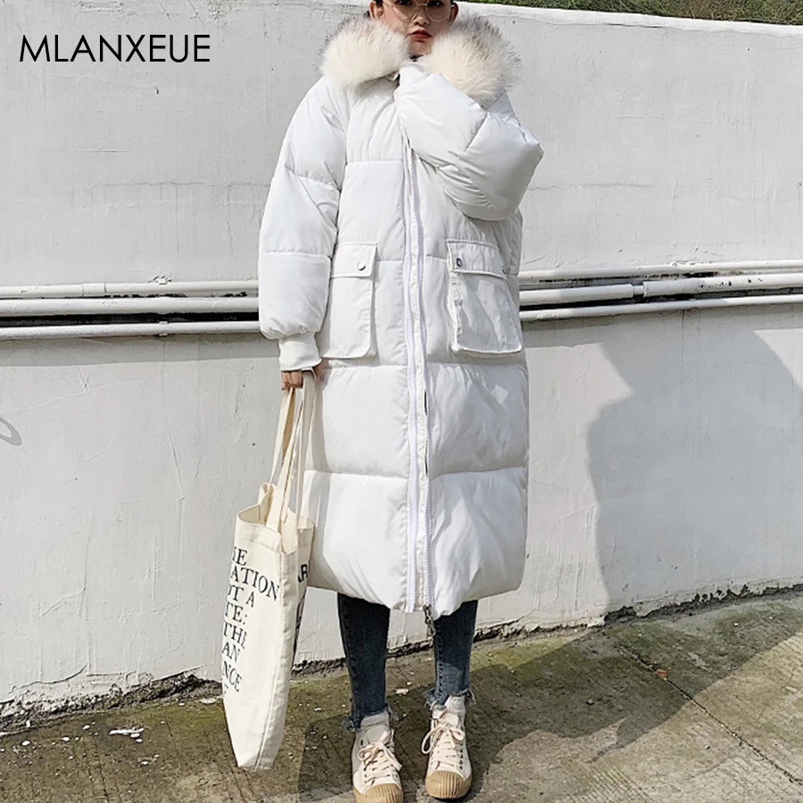 Solid Fur Hooded Long Down Coat Women Harajuku Winter Loose Windproof Thicken Down Jackets Female Korean Plus Size Parka Coats