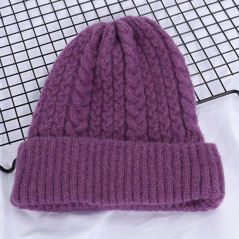 Purple Женские шапки, Зимняя шерстяная вязаная шапка, Женская однотонная вязаная шапка, Повседневная шапка, женская мягкая теплая утолщенная шапка с узором - Цвет: Purple