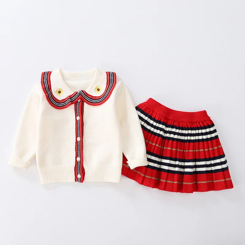 

Fall Kids Clothes Fashion Little Girls Warm Outfits Knit Sweater Cardigan&skirt Flower Embroidery Toddler Children Clothing Set