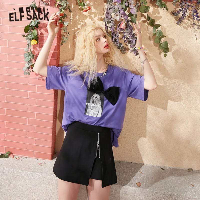 

ELFSACK Harajuku Graphic Print Chic Bows Applique Casual T-Shirts Women 2021 Summer Half Sleeve Korean Ladies Basic Daily Tee