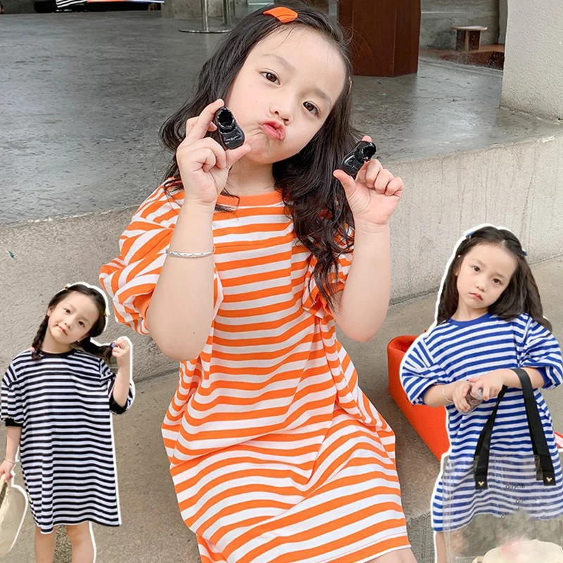 

Children‘s Clothing Spring Summer New Fashion Striped Mid-sleeve Sweater Dress For Girls Casual Princess Dress Kids Party Dress