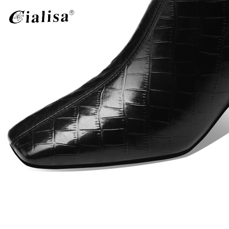 

CIALISA Women Shoes Winter Chunky Heels Genuine Leather 2020 Fashion Boots New Design Zipper Square Toe Mid Heel Ankle Boot