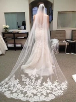 popular white ivory cheap bride cathedral long bridal lace wedding veils novia mariage in stock