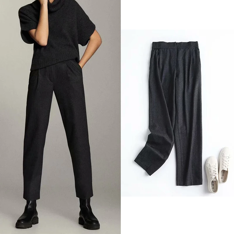 

Women Pants Za Fashion 2021 Office Lady Woolen Straight Chic Black Pants Elastic High Waist Trousers Mujer England Style Panta