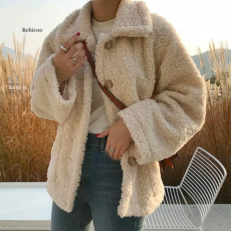 

Faux Fur Thick Coat for Women Autumn Warm Soft Loose Fur Jacket Female Outerwear Button Plush Ladies Casual Winter Overcoat