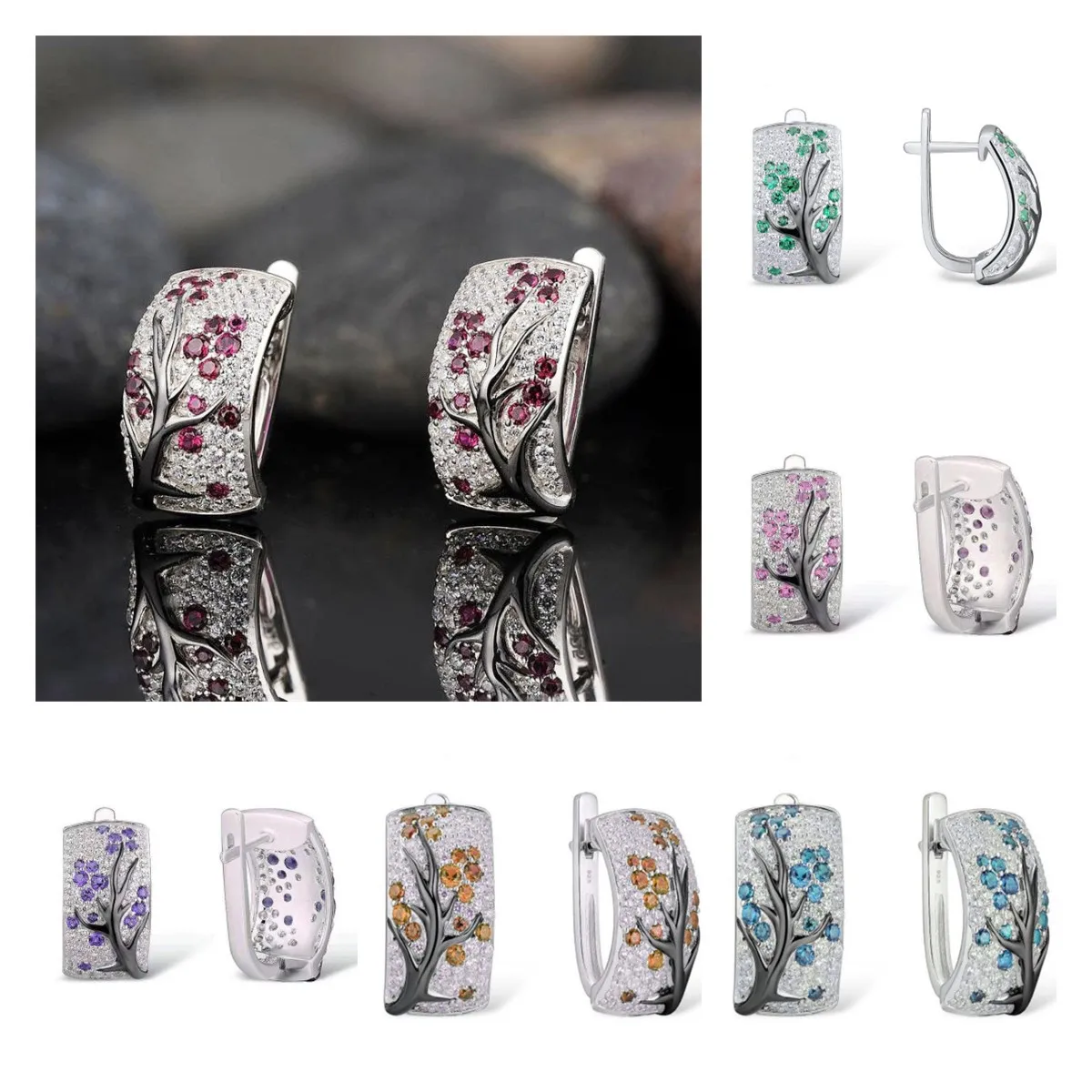 

6 Style Vintage Plum Stud Earrings For Women Inlay High-quality Zircon Attend The Event Festival Plant Glisten Earrings
