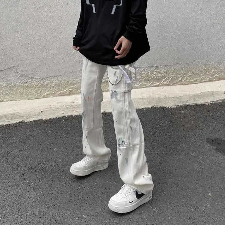 Denim Jeans for Men Splash Graffiti Jeans Vibe Retro Loose Straight Hip Hop High Street Pants Streetwear Men Designer Jeans Men