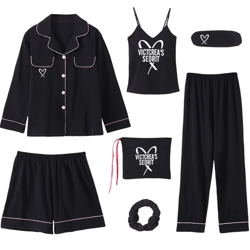 

Пижамный комплект женский из 7 предметов, мягкий хлопковый черный пижамный комплект с надписью, новая одежда для сна на весну-осень, интимно...