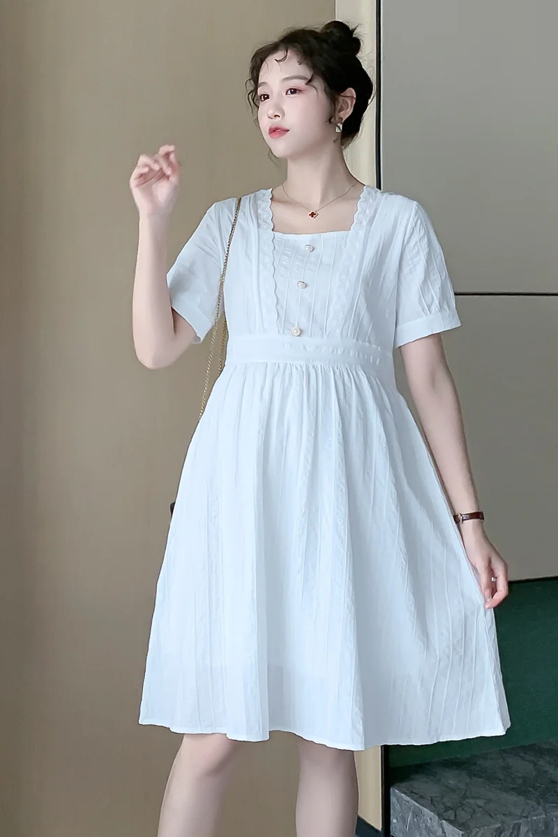 

2021 Summer Korean Fashion White Cotton Maternity Dress Elegant A Line Loose Clothes for Pregnant Women Sweet Pregnancy Party