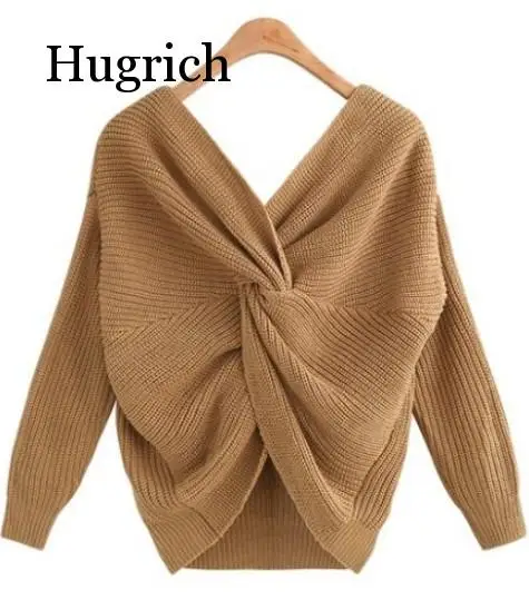 

V Neck Beauty Back Sweater Women Autumn Winter Knitted Pullover Womens Jumper Pull Femme Loose