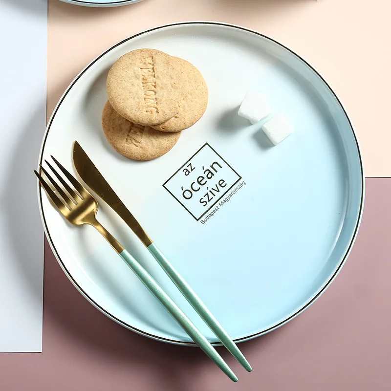 Скандинавская сине белая керамическая тарелка меняющая цвет океанская круглая