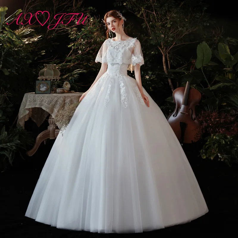 

AXJFU princess flower lace white wedding dress vintage o neck illusion ruffles ball gown rose white wedding dress