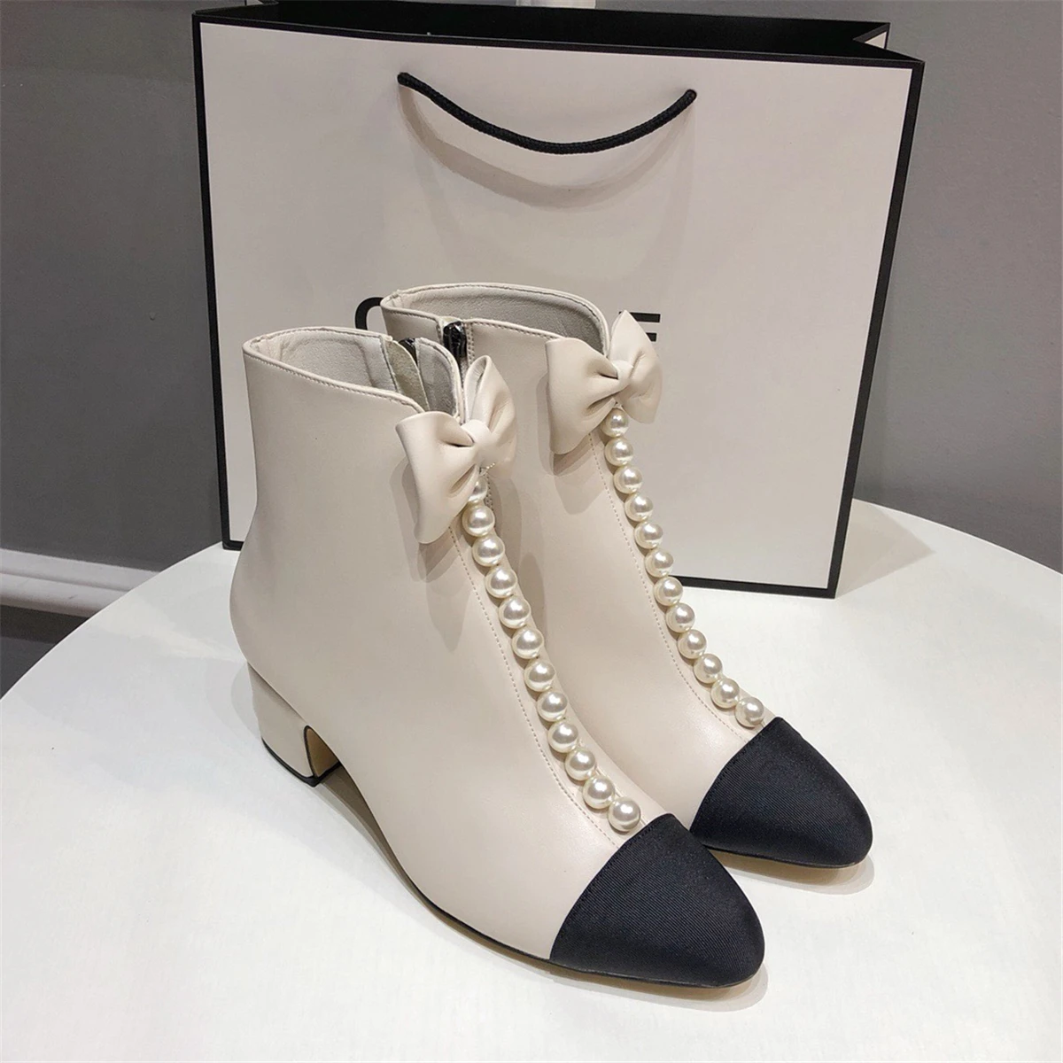 

kmeioo fashion winter shoes for women bowtie ankle boots pearl chunky heels zipper short boots for woman dress